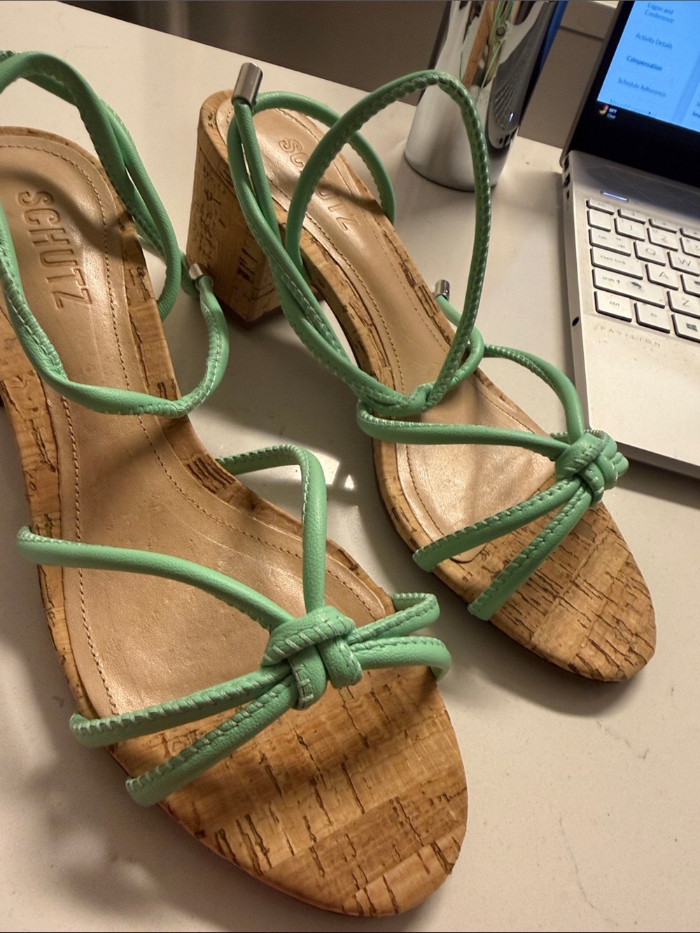 Schutz Mint Green Strappy Cork Block Heel Sandals - Picture 4 of 5